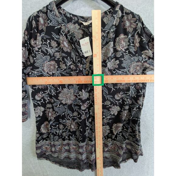 Lucky Brand Floral Top Women 1X Black Split V Neck 3/4 Sleeve Relax Fit Boho NWT - Picture 7 of 14
